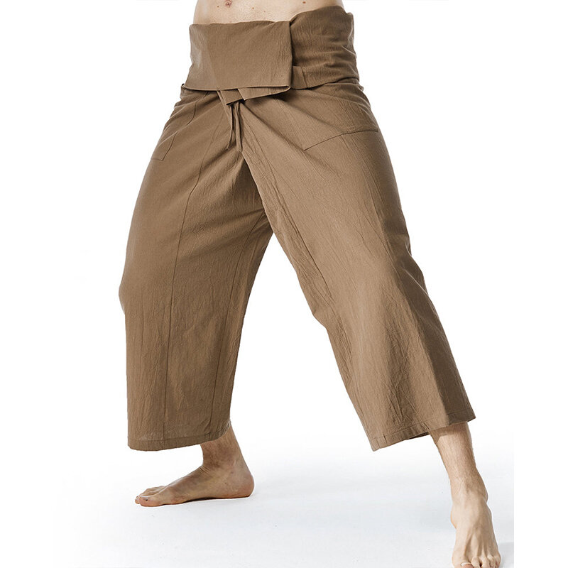 Celana katun Linen pria Fashion celana nelayan gaya Thai kasual longgar celana Harem Yoga pria/wanita celana bajak laut