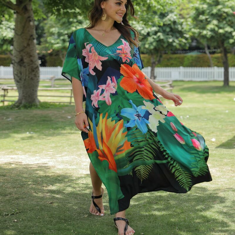 Floral Print Swimsuit Cover Up Robe De Plage 2022 Summer Bohemian Dress Plus Size Beachwear Cover-ups Beach Kaftan Pareo Dress