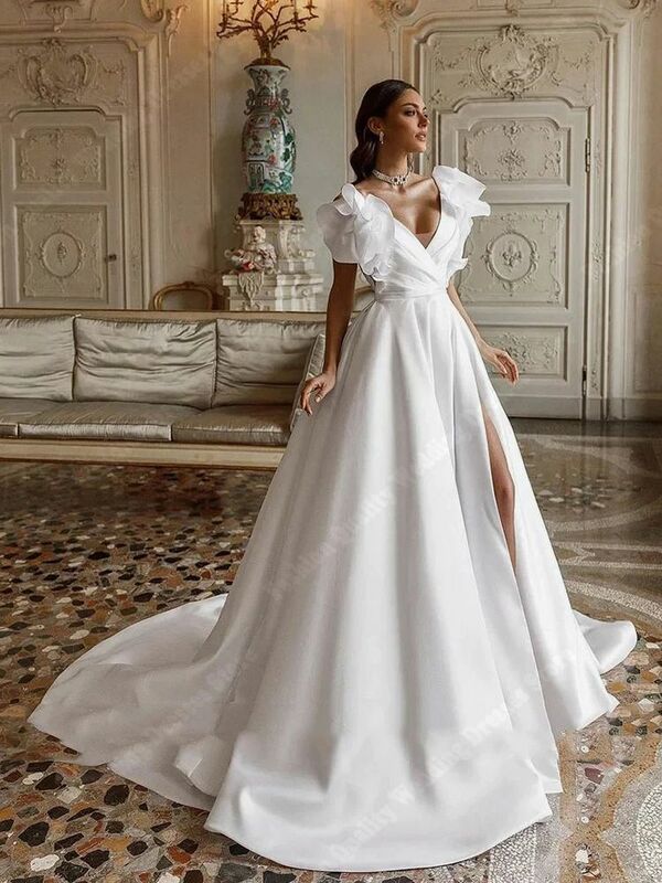 Modest Quality Satin Wedding Dresses Off The Shoulder Formal Flowre  Bridal Gowns New Long Mopping Length Lady Vestidos De Novia