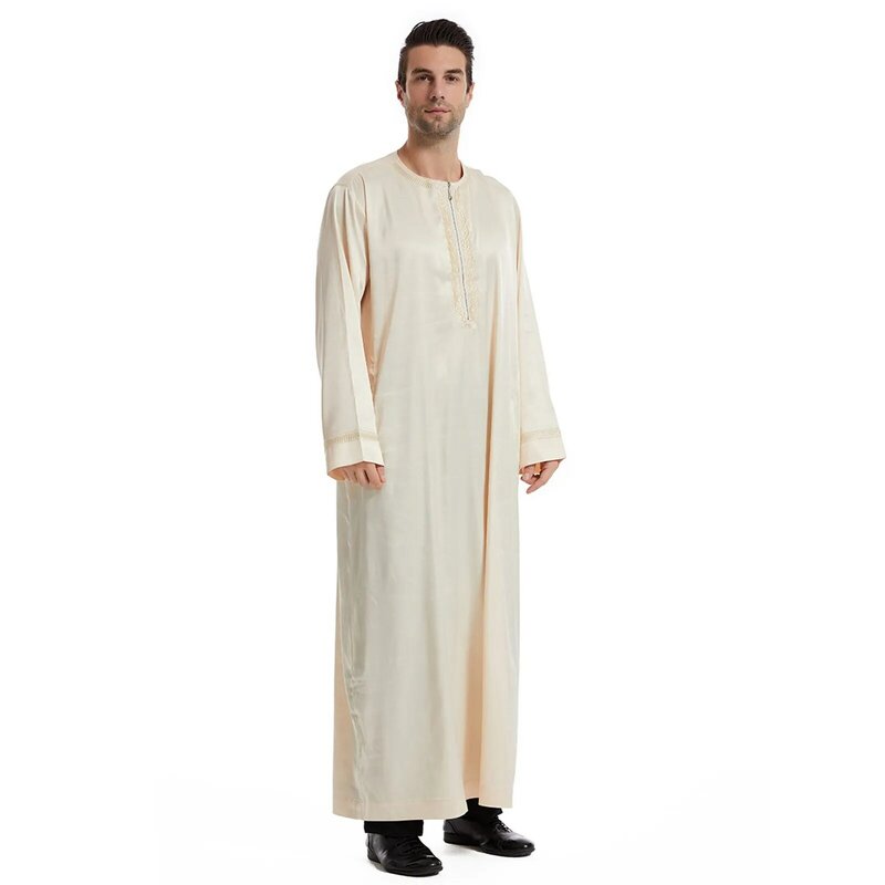 Robe musulmane brodée en satin pour hommes, manches mi-longues, mode extravagante, abaya de loisirs, musulman monochrome, moyen, décontracté, arabe