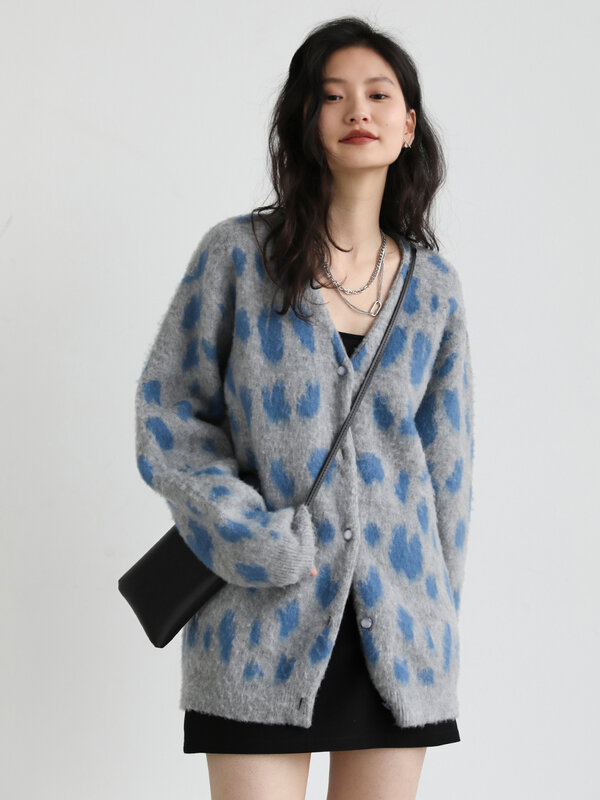 Ven chique-cardigã feminino de malha corante leopardo, casaco com decote em v, mohair, moda retrô, suéter vintage, primavera, outono, novo, 2022