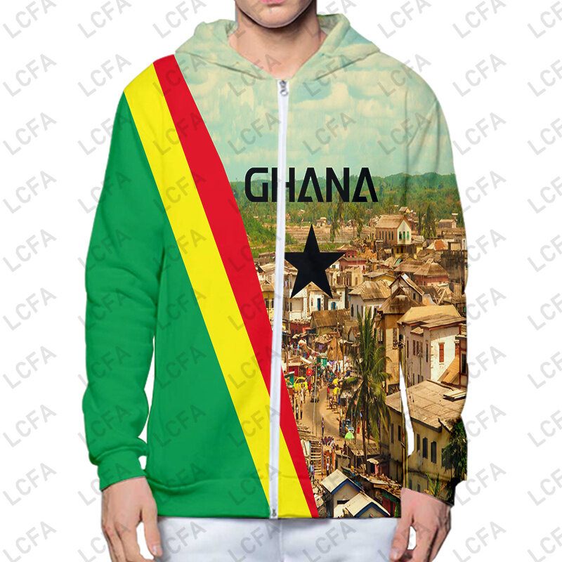 Sudadera con capucha y cremallera de la bandera nacional de Ghana para hombre y mujer, abrigo holgado con capucha 3D, ropa de calle, chaqueta, Dropship