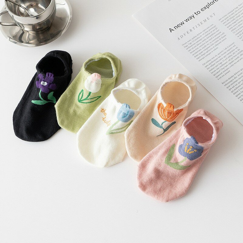 Chaussettes basses respirantes coordonnantes en silicone pour femmes, chaussettes invisibles, Kawaii, fleur 3D, confortables, mode, 1A104