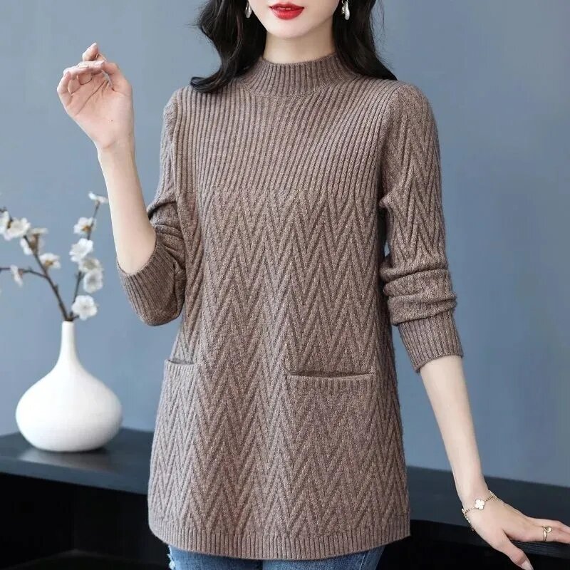 Женский свитер, пуловер, новинка 2023, однотонные плотные теплые длинные вязаные свитеры с коротким воротником, зимние женские топы, рубашка