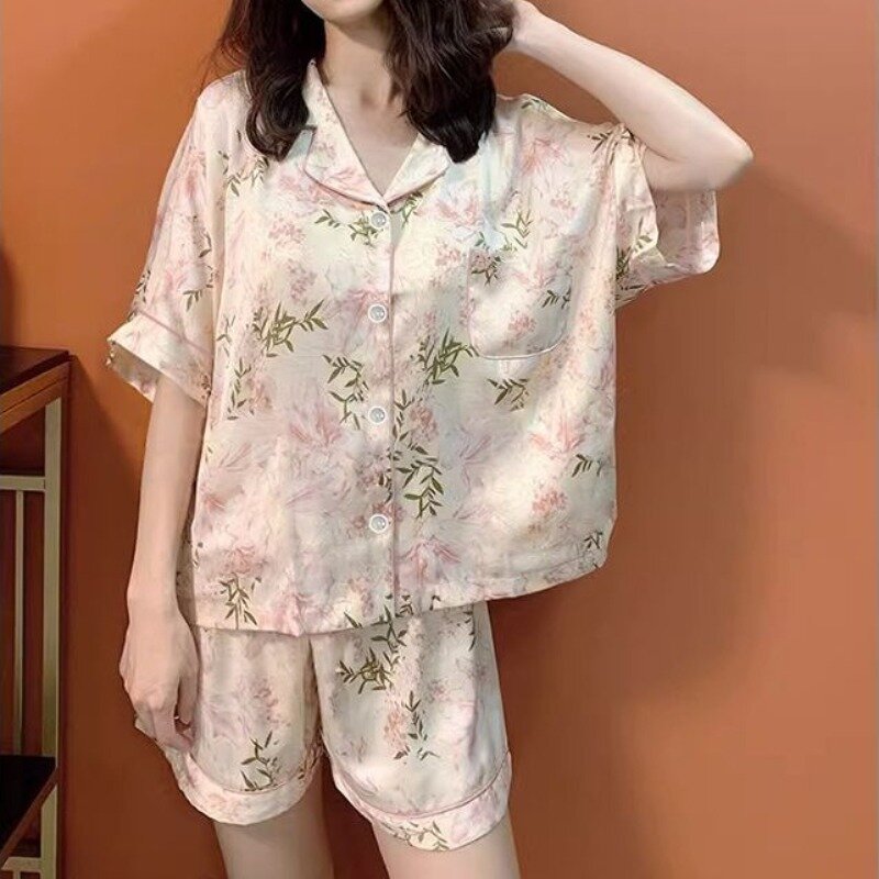 Nieuwe Pyjama 'S Zomer Dunne Loungewear Ijs Zijde Korte Mouw Nachtkleding Set Zoete Gefragmenteerde Bloemen Meisjes V-Hals Homewear