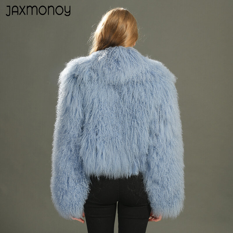 Jaxmonoy mantel bulu Mongolia wanita, jaket bulu halus hangat musim dingin warna polos kerah lipat besar mantel pendek baru