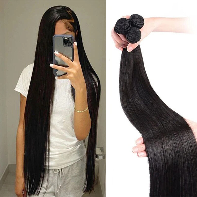Natural Black Color Brazilian Hair Weave 28 30 32 40 Inches 3 4 Bundles Bone Straight 100% Remy Human Hair Extensions Weft