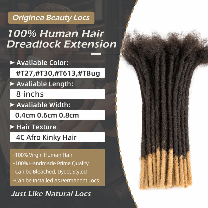Dreadlock Extension para Homens e Mulheres, Cabelo Humano, Dica Branqueada, 0.4, 0.6, 0.8cm, Ombre, Handmade, Permanent Dread Loc Extensions, 8 pol