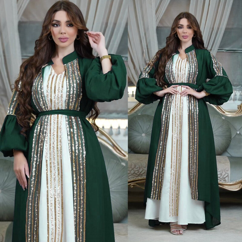 Conjunto de dos piezas para mujer, traje musulmán con cuentas bordadas, manga de burbuja, moda de Oriente Medio