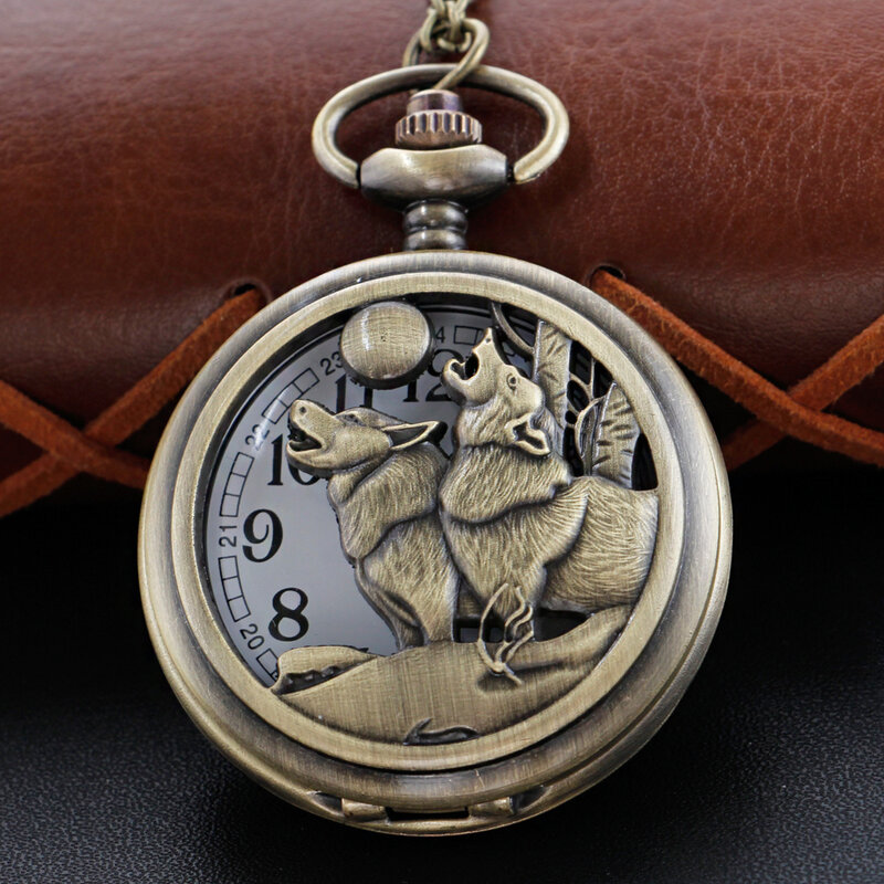 Lobo e lua relógio de bolso colar steampunk digital pingente de corrente relógio moda escultura presente masculino cf1253