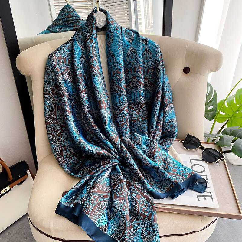 Senhoras moda sol resistente viagem xale impresso macio longo bandana foulard macio imitado lenço de seda