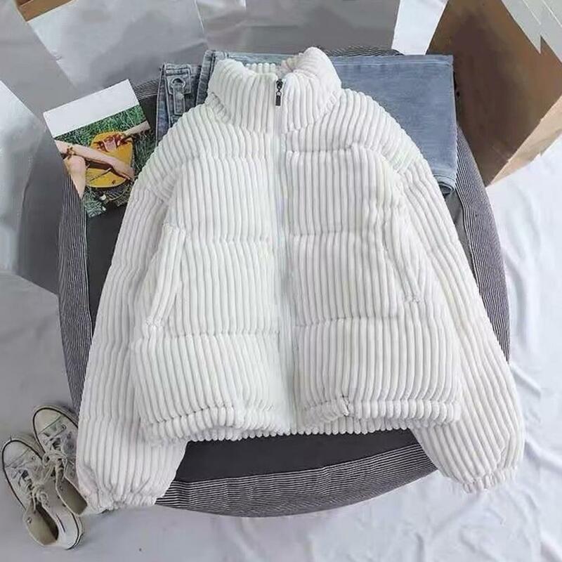 Women Short Jacket Stylish Stand Collar Winter Coat for Women Thick Heat Retention Jacket with Striped Texture for Ladies