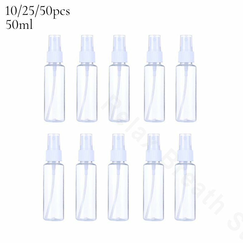 Botol semprot plastik portabel hewan peliharaan, 10/25/50 buah 50ml dapat diisi ulang botol kabut wadah parfum kosong grosir