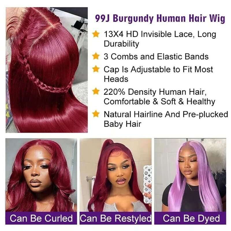 バーガンディ-女性用HDレースフロントウィッグ,人間の髪の毛,赤,13x4,事前に摘み取られた,99jの色,13x6