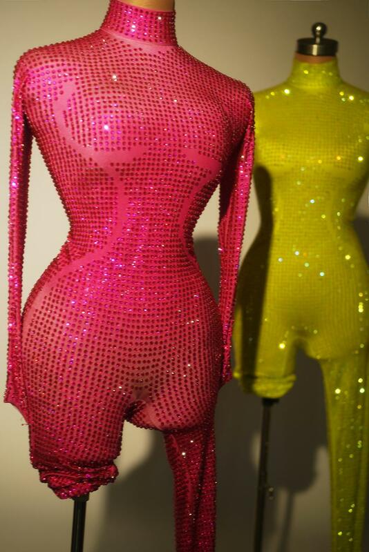 Romper de vestido fluorescente para mulheres, vestido longo sexy, boate, bar, One Piece, calças, diamantes completos, gala de convidada, Jingdian, 2024