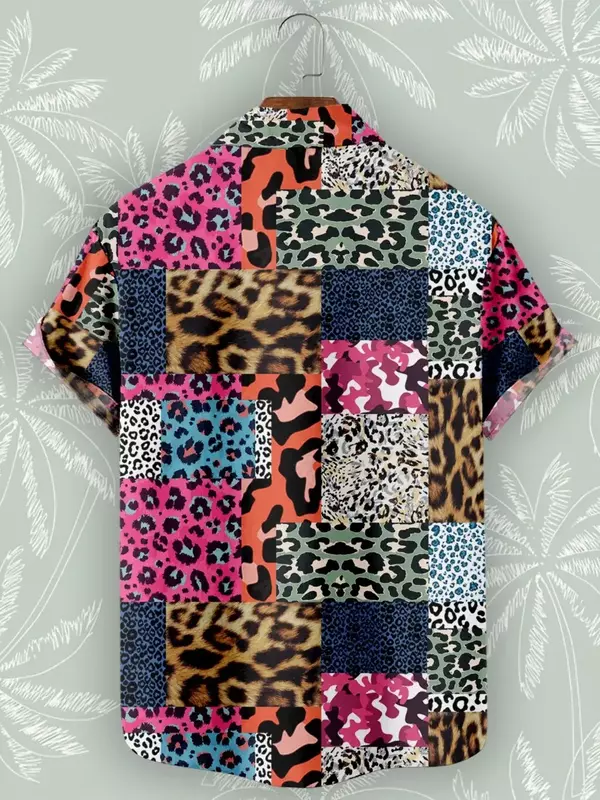Camicia patchwork da uomo con stampa leopardata hawaiana, camicia a maniche corte, street style, abbigliamento casual, moda estiva
