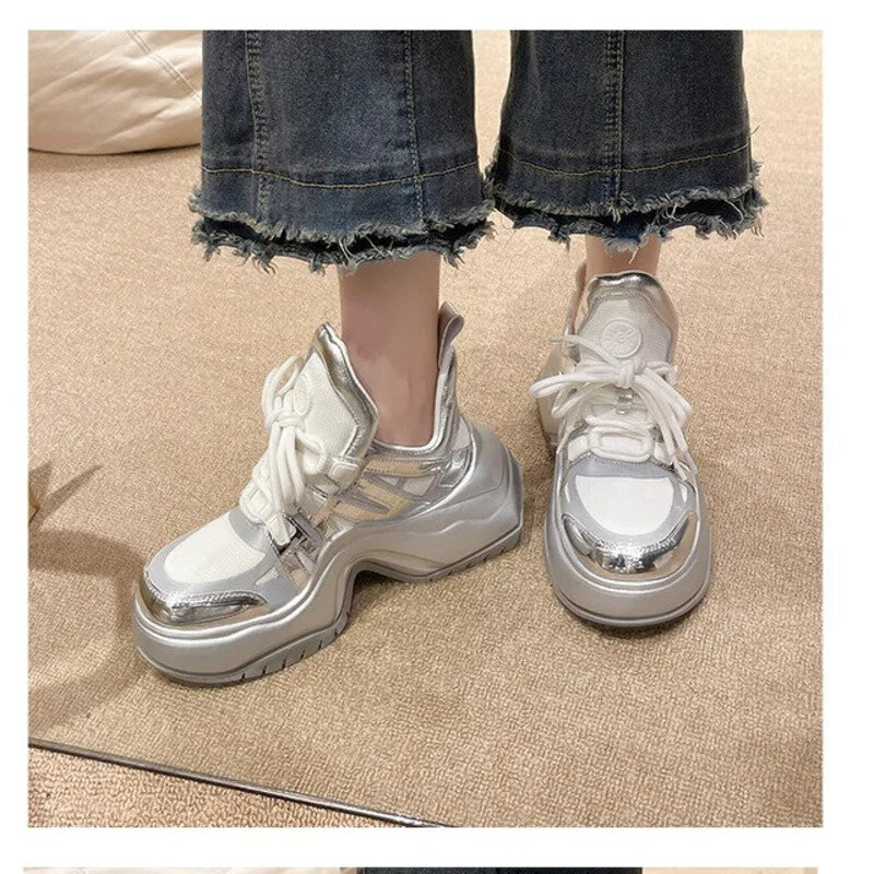 Bow sole silver hot selling dad 2024 new European high waisted fashion versatile horseshoe heel mesh breathable sports leisure