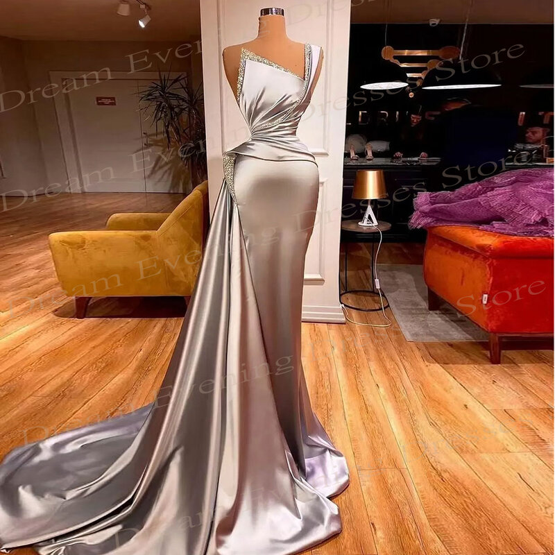 Gaun malam sederhana wanita perak 2024 baru gaun Prom tanpa lengan Satu bahu Modern elegan Robe De Soiree