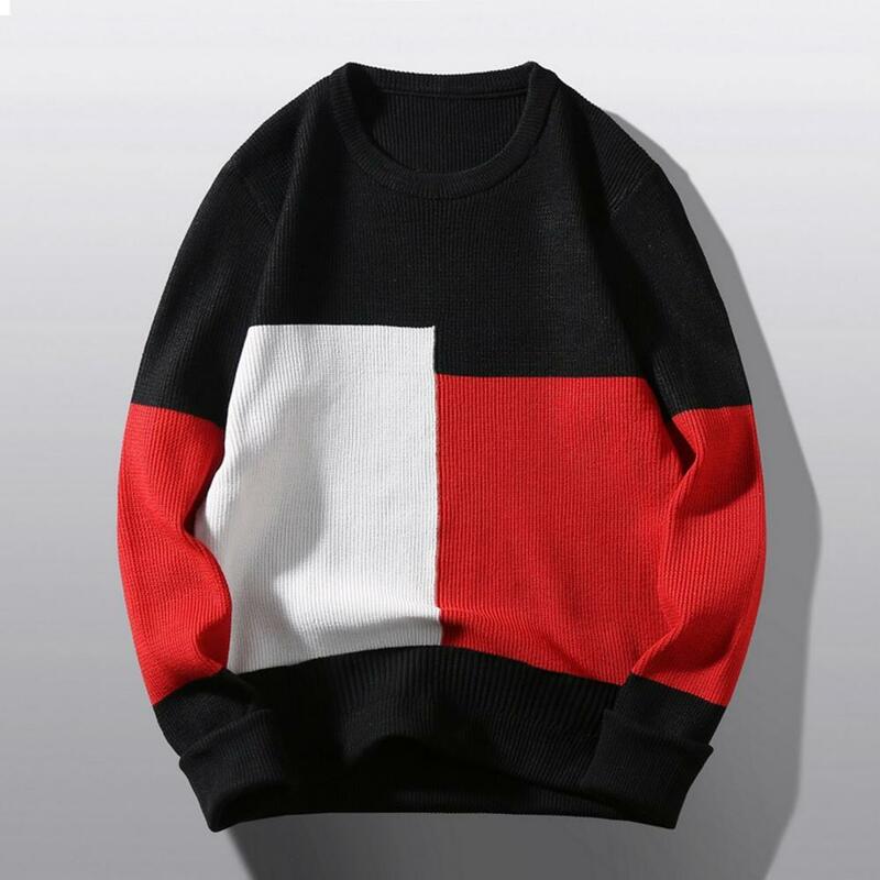 Round Neck Sweater Colorblock Knitted Sweater For Men Thick Warm Stylish Fall/winter Pullover With Long Sleeve Patchwork Round