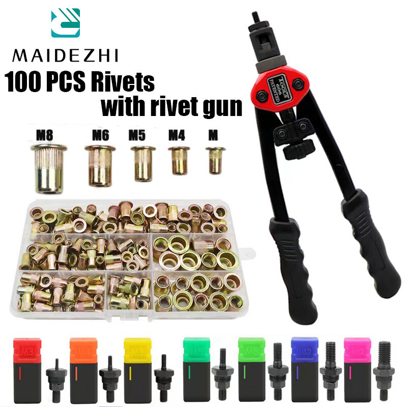 100pcs Rivet Nut/ Hand Threaded Rivet Nuts Gun, BT606 M3 M4 M5 M6 M8 Double Insert Manual Riveter Gun/ Riveting Rivnut Tool