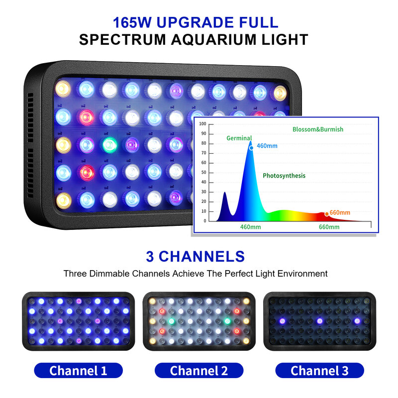 Populargrow Tuya Wifi Dimmable LED Aquarium Light 165W Marine Light with Three Channels Five Modes for Coral Fish Tank