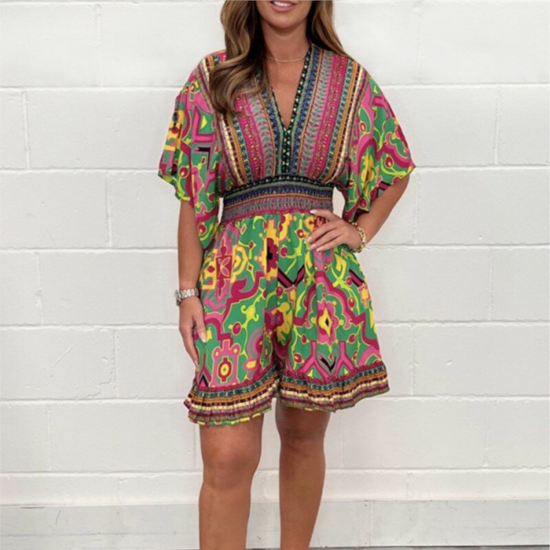 Summer New Short Sleeved Printed V-neck Ethnic Style Jumpsuit For Women's Retro Casual Elastic Waist Playsuits Woman Rompers