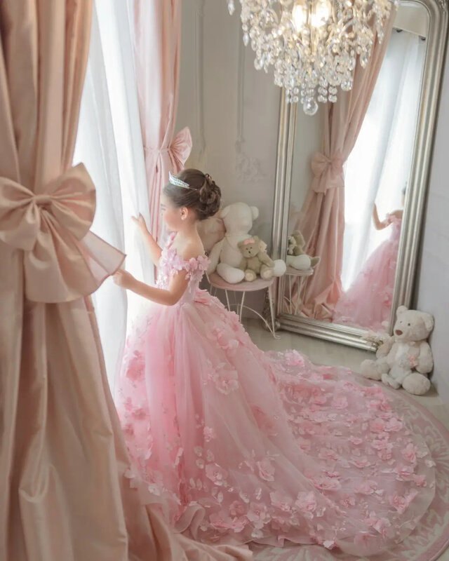 Vestido de tul con apliques rosas para niña, vestido de flores para boda, cuentas, perlas, hombros descubiertos, primer vestido de fiesta de cumpleaños eucarista