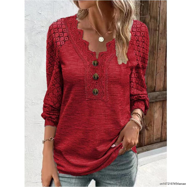 Women Spring Floral Lace Blouse Femme Fashion Shirts Casual Loose Hollow Out Blusas O-Neck Long Sleeve Mesh Sheer Shirts