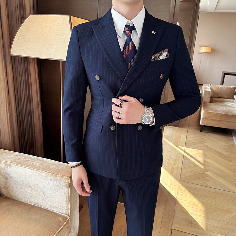 Fato formal de negócios masculino, vestido de noiva do noivo, smoking xadrez azul, marca de luxo, blazer luxuoso, colete, calça, festa, 3 peças