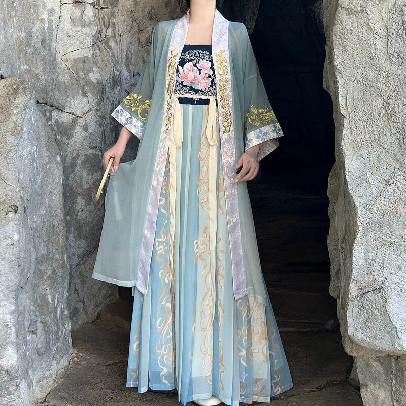 Conjuntos de hanfu estilo chinês para mulheres, elegante vestido hanfu, bordado de fadas, fantasia de dança folclórica, roupas retrô dinastia canção, novos, 24, 2024