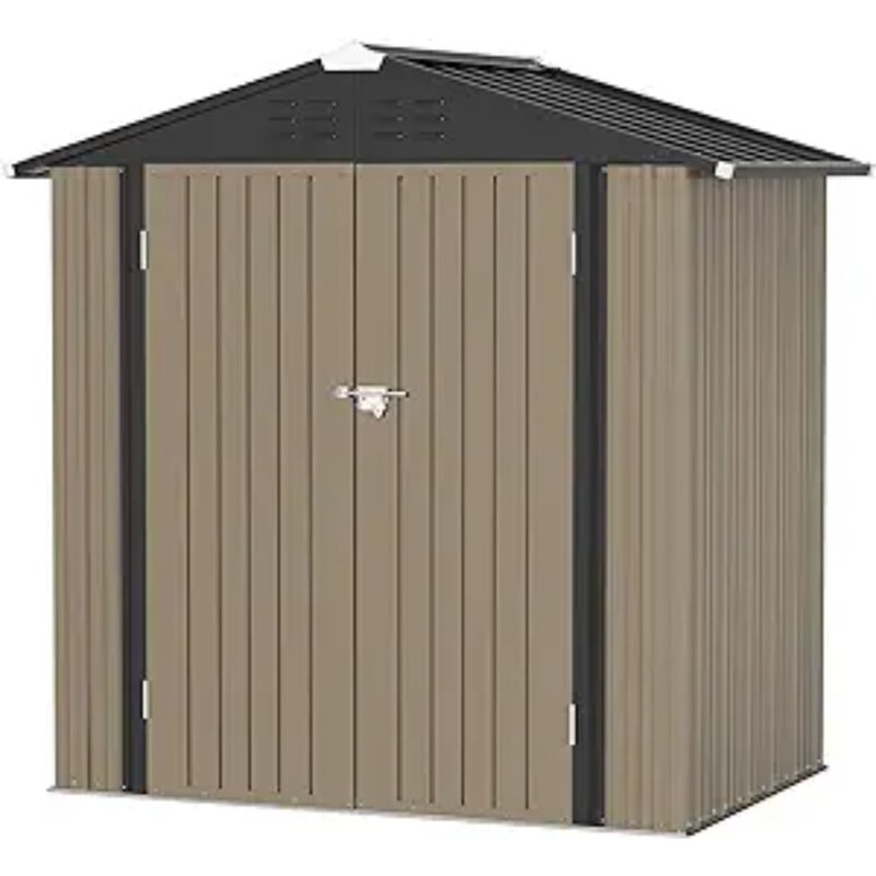 Greesum-cobertizo de almacenamiento para exteriores de Metal, 6 pies x 4 pies, herramienta de utilidad de acero, casa de almacenamiento con puerta y cerradura (6 'x 4'), marrón