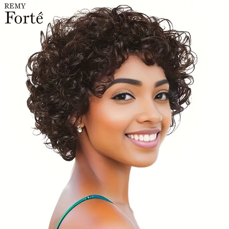 Short Pixie Cut Curly Bob Wigs Human Hair Full Machine Made Wig 180% Density Brown Afro Kinky Curly Bob Human Hair Wig For Women