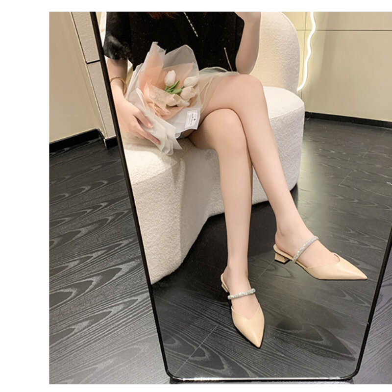 Square Heel PU Women's Shoes 2024 Fashion PU Pointed Heel Women's Shoes Casual Summer Solid Color High Quality Women's Slippers
