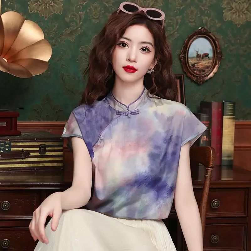 Chiffon Dames Shirt Zomer Chinese Stijl Prints Blouses Losse Pasvorm Mouwloze Vintage Vrouwen Tops Mode Kleding Ycmyunyan