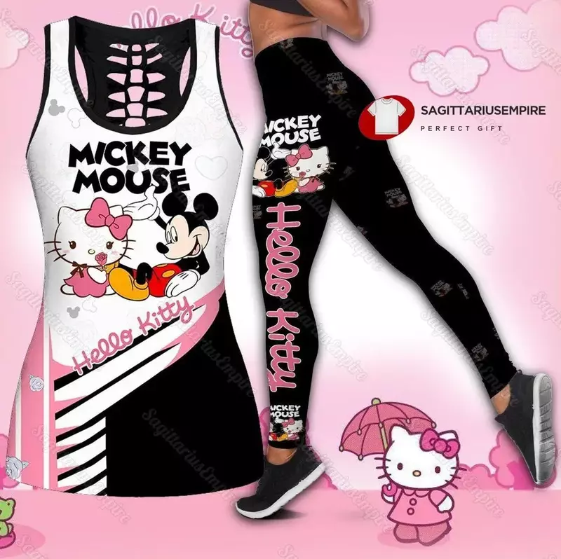 New Minnie Mickey Women's Hollow Vest Women's Leggings Yoga Suit Fitness Leggings Sports Suit Disney Tank Top Legging Set Outfit