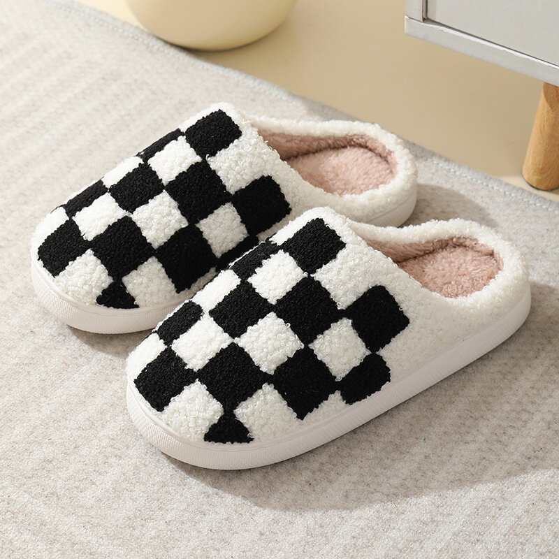 New Winter Checkerboard Cotton Slippers Couple Indoor Non-Slip Slipper Woman and Men Warm Plush Bedroom Non-Slip Fluff Slides