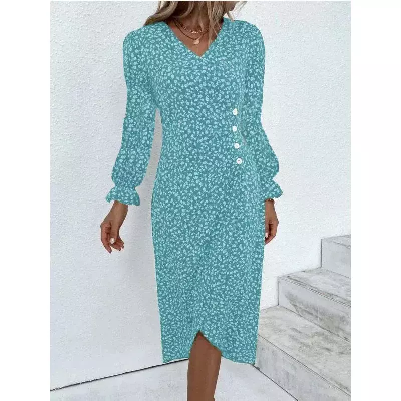 Элегантное цветочное Плиссированное Платье-миди H-образной формы, женские платья с V-образным вырезом, пышными рукавами, поясом, рюшами и пуговицами, женское летнее платье, Халат