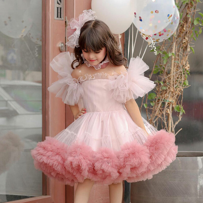Jill Wish Elegant Pink Dubai Girl Dress Puff Sleeve Arabric Princess Kids Wedding Birthday Party First Communion Gown 2024 J066