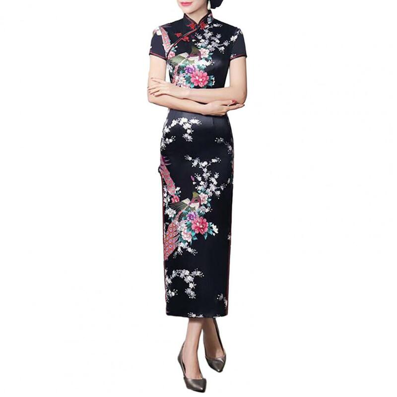Vestido estampado em estilo nacional chinês feminino, gola alta, mangas curtas, divisão para o lado alto, cetim cheongsam, Qipao fino sedoso