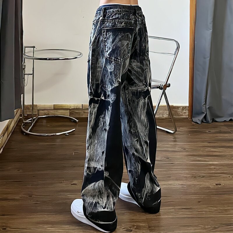 Jeans Hitam Longgar Celana Kaki Lebar Lurus Dicuci Celupan Dasi Wanita Pinggang Tinggi Gotik Antik Streetwear Denim Celana Hippie Kasual