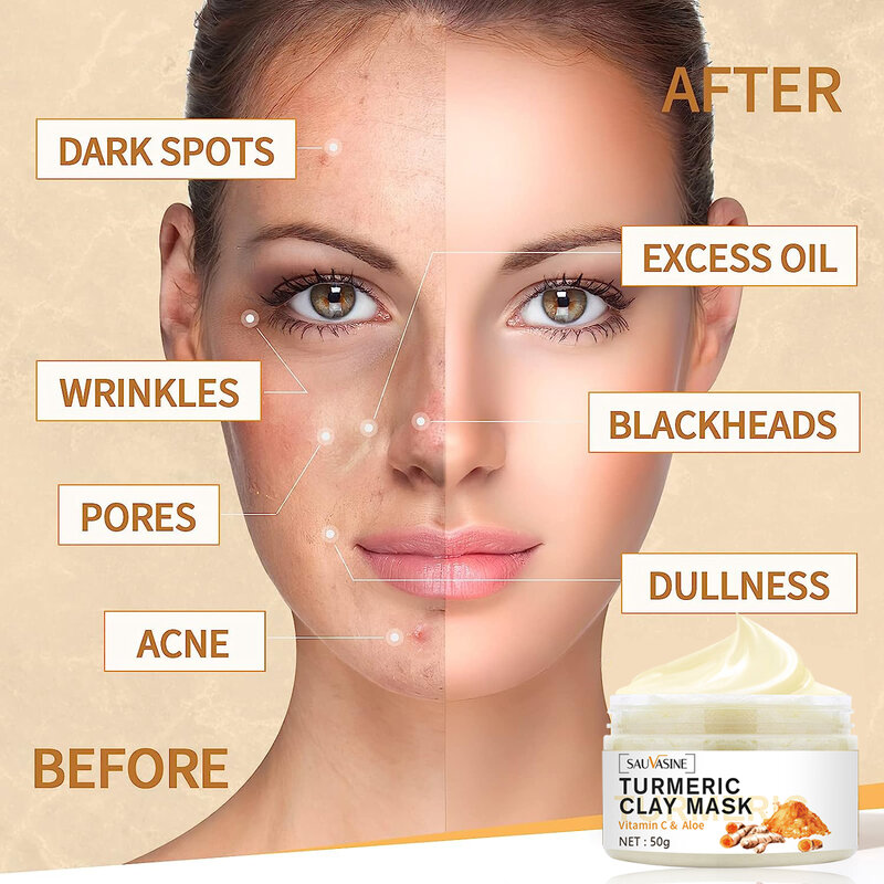 Professional açafrão lama argila máscara facial, clareamento vitamina C, tratamento da acne, manchas escuras removedor, limpeza profunda, creme de clareamento