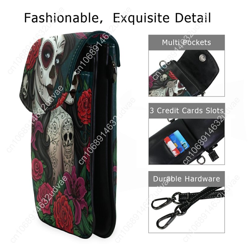 Bolsa de telefone móvel de couro PU mini para mulheres, floral, design de crânio de açúcar, pu gótico, porta-moedas, sacos de ombro cruzados, novos