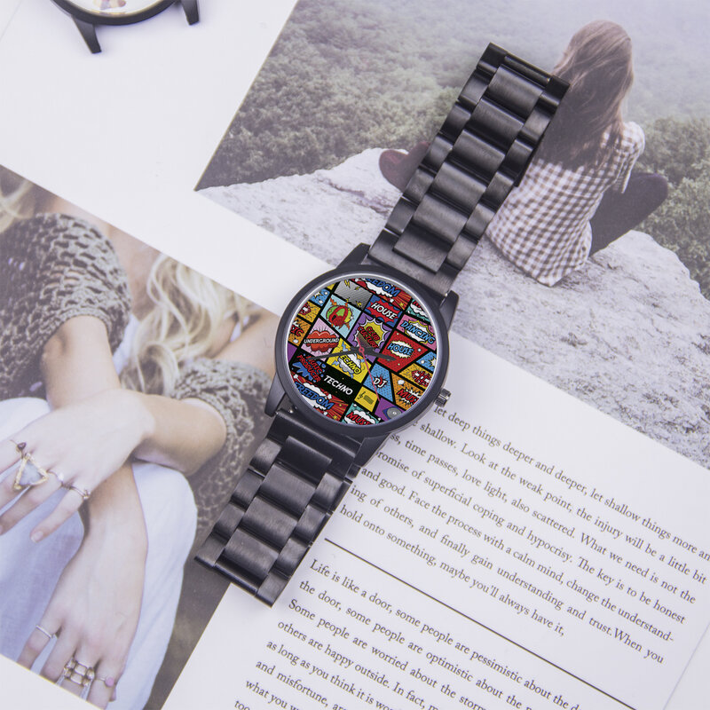 Nowy spersonalizowany wzór Graffiti kwarcowy zegarek na rękę damski na 3 ręce House Music DJ taniec prezenty z pamiątkami festiwal