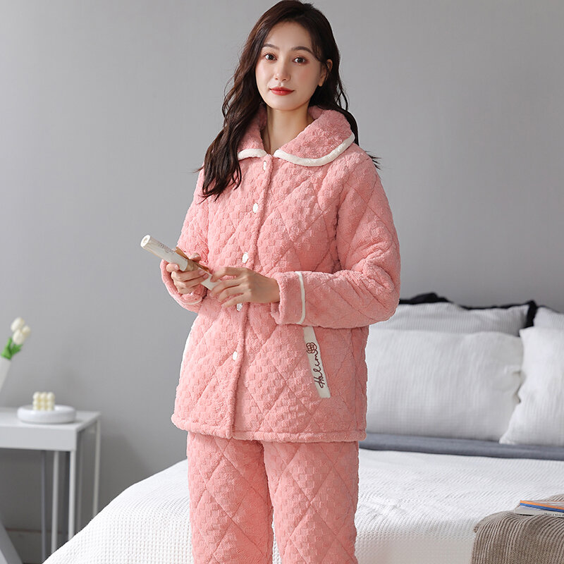여성 겨울 잠옷 세트 두꺼운 따뜻한 3 레이어 코튼 여성 잠옷 가디건 편안한 부드러운 M-3XL 여성 Homewear
