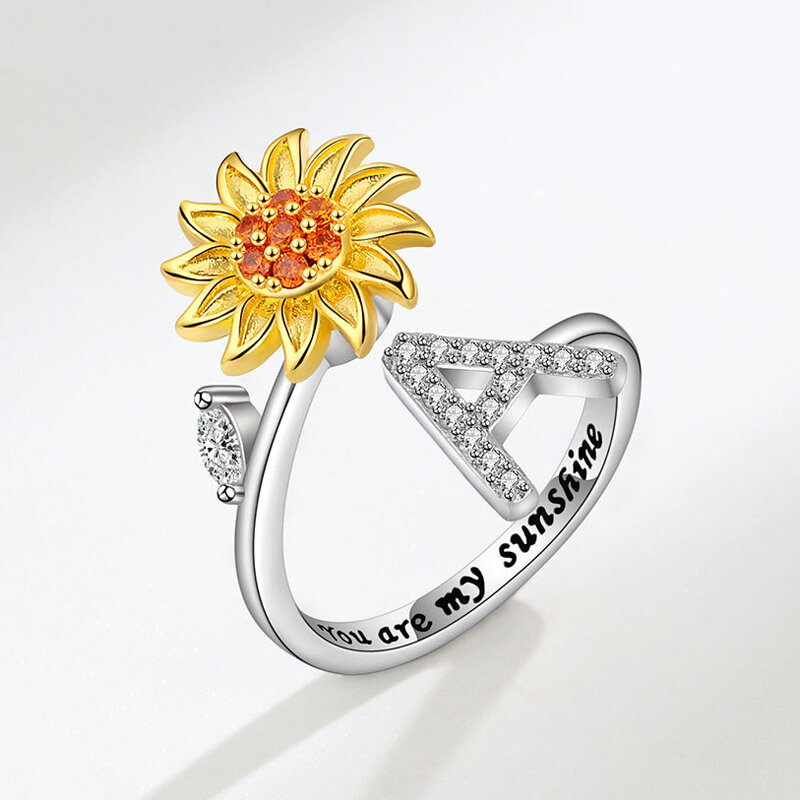 KOFSAC Einstellbare Größe Sunflower Drehbare Ring Frauen Persönlichkeit Zirkon 26 Englisch Brief Ringe 925 Silber Gold Zwei Farbe Ring