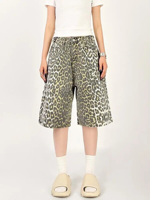 QWEEK-pantalones cortos vaqueros con estampado de leopardo bronceado para mujer, ropa de calle Vintage holgada Y2k, Pantalones vaqueros de cintura alta, pierna ancha de verano, pantalones de cinco puntos