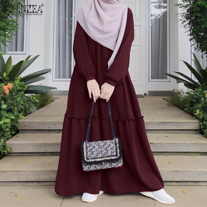 Gaun Panjang ZANZEA Gaun Wanita Elegan Lengan Penuh Kasual Longgar Muslim Fashion Dubai Turki Abaya Gaun Jubah