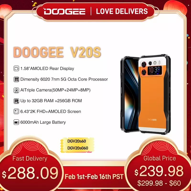 DOOGEE V20S ponsel cerdas, layar belakang AMOLED 6020 5G Octa Core 1.58 "12GB + 256GB tekstur kulit dengan sandaran