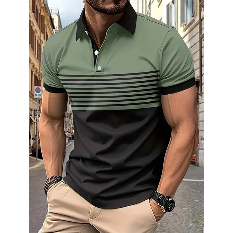 Camisa polo listrada de manga curta masculina, poloshan, lapela casual, moda