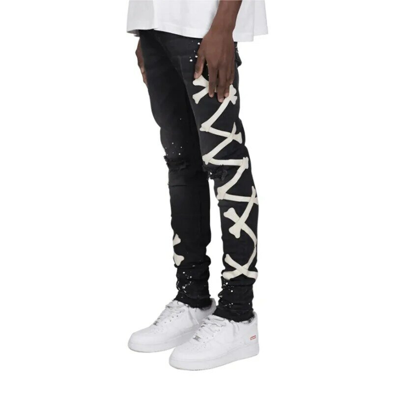 Spring And Summer Street Men Pants Bone Print Jeans Paint-Stained Elastic Ripped Pencil Pants Boutique Men's Clothing